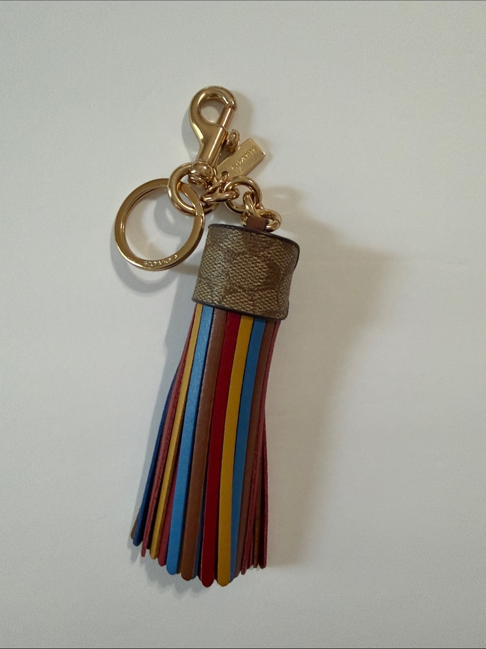 Coach Multicolor Striped Leather Tassel Key Fob with Gold Hardware